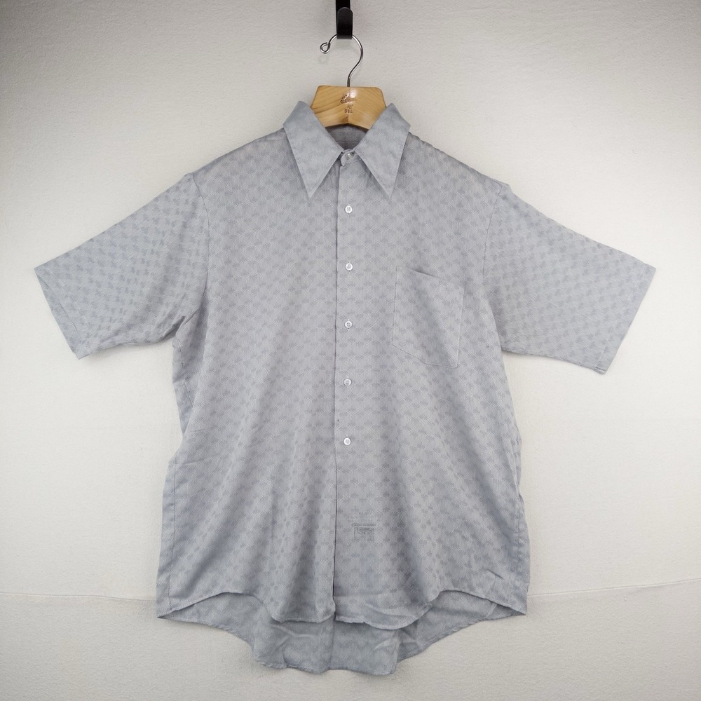 70's Vtg Manhattan Torque 16.5 M Blue Button Down Shirt Lightweight Jacquard